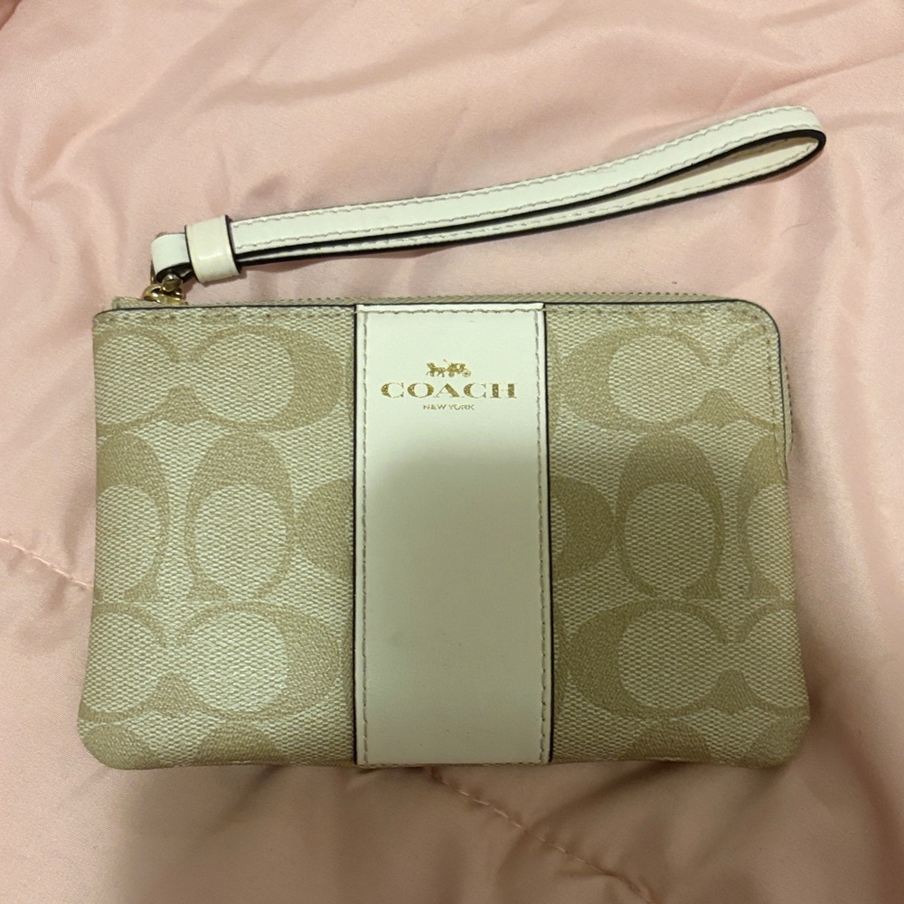 Coach Signature Beige and White Wristlet